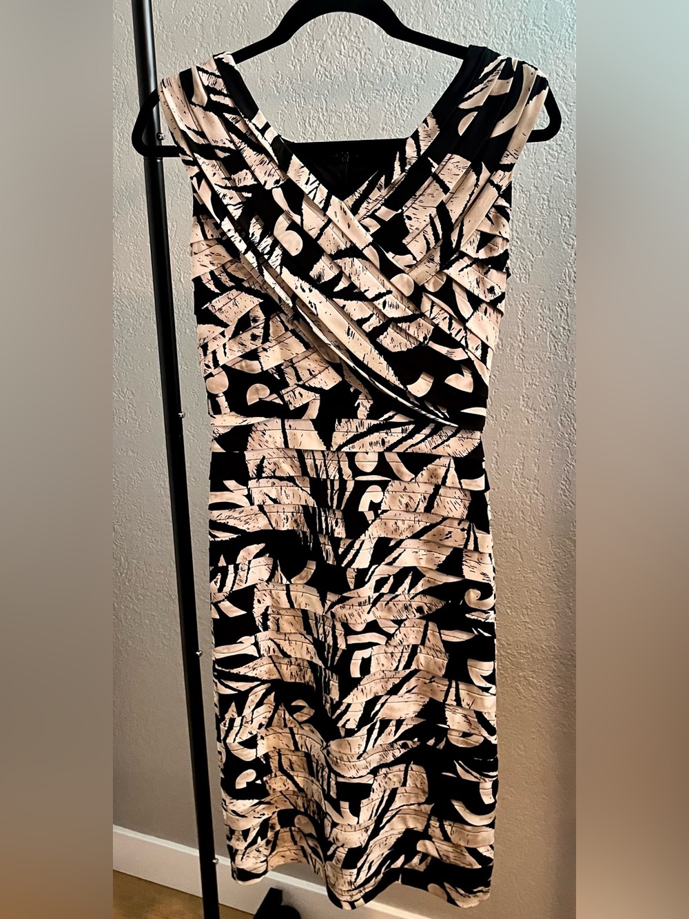 Adrianna Papell Black Dress with Cream Abstract Print